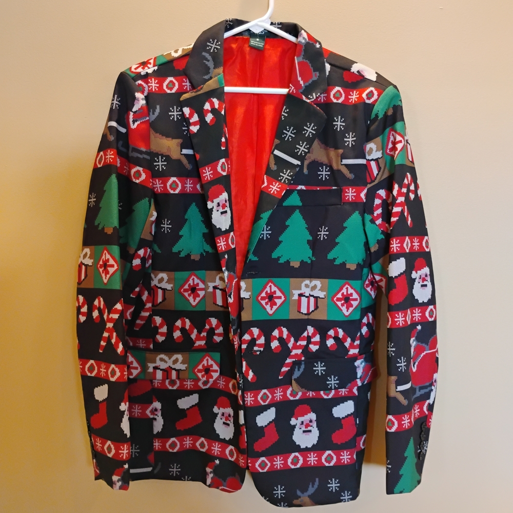 Men's Holiday Print Blazer - Green/Red Festive Pattern
